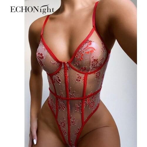Echonight Lace Sexy Bodysuit Floral Embroidery Women Body See Through Rompers Female Body Suit Transparent Overalls Wholesale