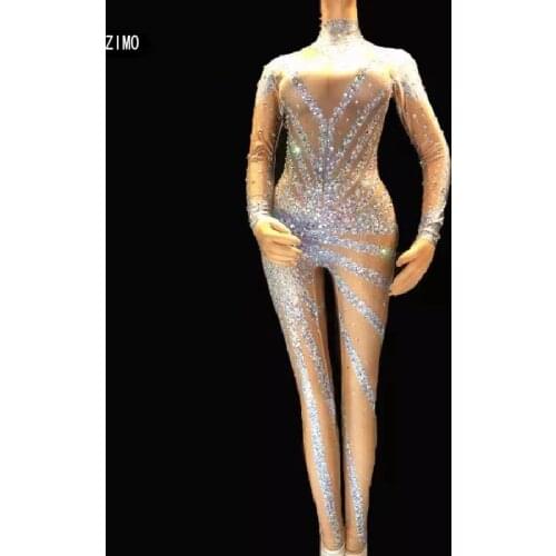 Silver sparkly Rhinestones long sleeve Jumpsuit Women nightclub Sexy Leggings Stage Performance Wear Singer Costume Big Stretch