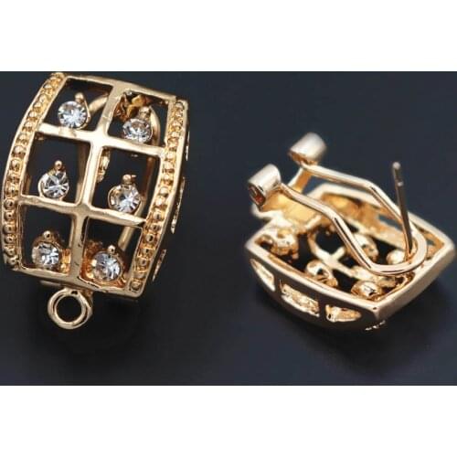 Earrings Post with Loop Hanger Hollow Filigree Paved Rhinestone CZ Metal DIY Pearls Clip Stud Earrings Findings 15x22mm Retro