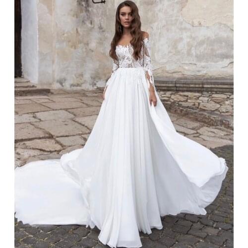 Wedding Dress A-Line Full Sleeve Sheer Neck Lace Appliques Sequined Tassel Backless Button Floor Length Sweep Train Bride Gown