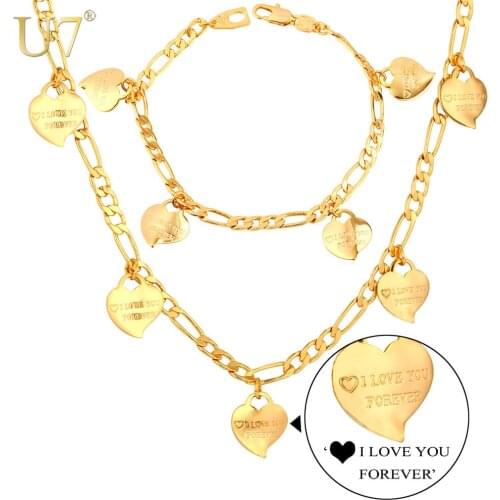 U7 Romantic Valentines Gift Women Bracelet Necklace Set Gold Color Love Heart Charms Fashion Jewelry Set For Women S795