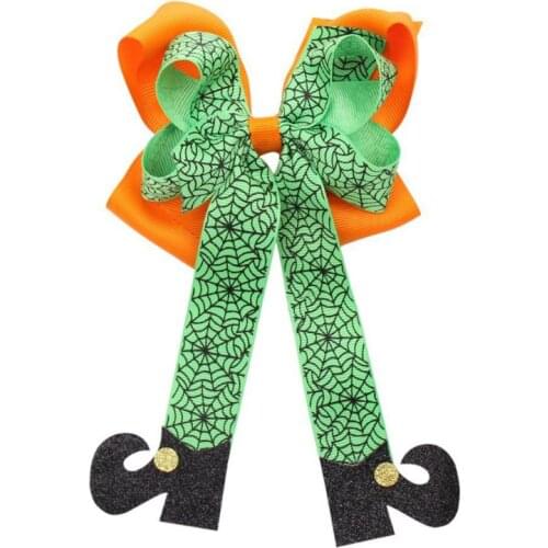 2PCS Girls Halloween Funny Hair Clip Double Layer Spider Web Bow Alligator Hairpin Long Tail Ribbon Glitter Boots Boutique Hair