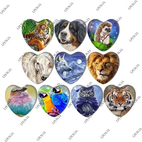Zdying Animal Birds Tiger Wolf Hedgehog Pattern Mixed Heart Shape Glass Cabochons Cover Pendant Cameo Settings Jewelry Findings