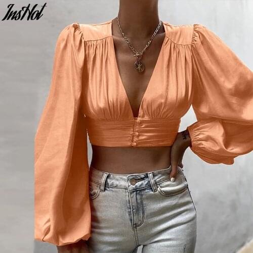2021 Summer Women Sexy Deep V Neck Button Up Solid Blouse Ladies Fashion Lantern Long Sleeve Casual Party Elegant Crop Top