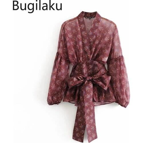 Bugilaku Slim Waist Bow Knot Lace Up Shirts Women V Neck Long Sleeve Slightly Transparent Tops New Arrival Chic Vintage Blouse