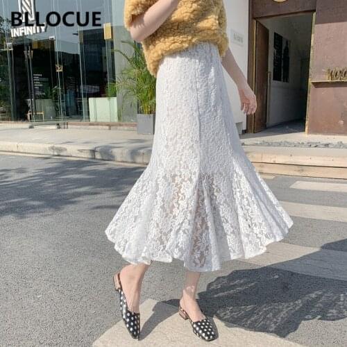 BLLOCUE High Quality 2019 Summer High Elastic Waist Lace Skirt Women Vintage Ball Gown Mid-calf Fishtail Skirt