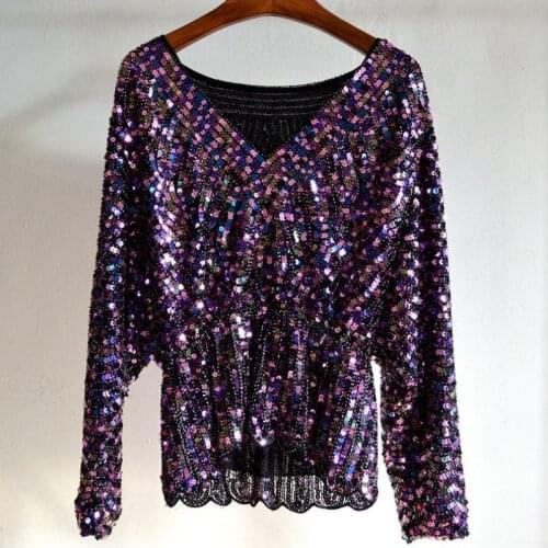 Women Fashion Chiffon Sequined Blouse V-neck Batwing Sleeve Ruffles Beading Pullovers Blouse Tops 2Color
