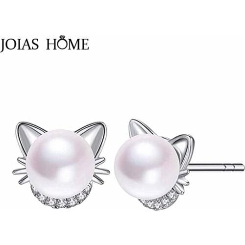 JoiasHome 925 sterling silver earrings creative pearl with cat shape earrings animal shape female exquisite jewelry wedding gift