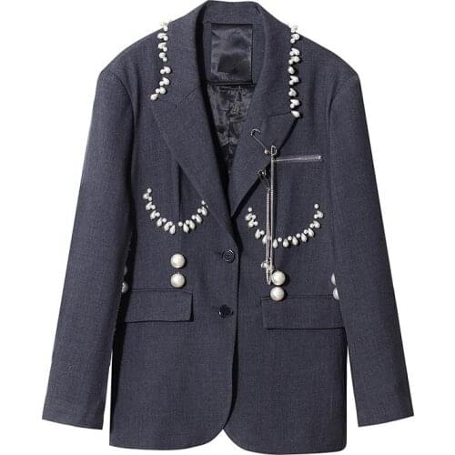 Large Size Suit Jacket New Ladies Pearl Long-Sleeved Loose Jacket Temperament Notched Collar Fashionable Mid-Length Slim Suit