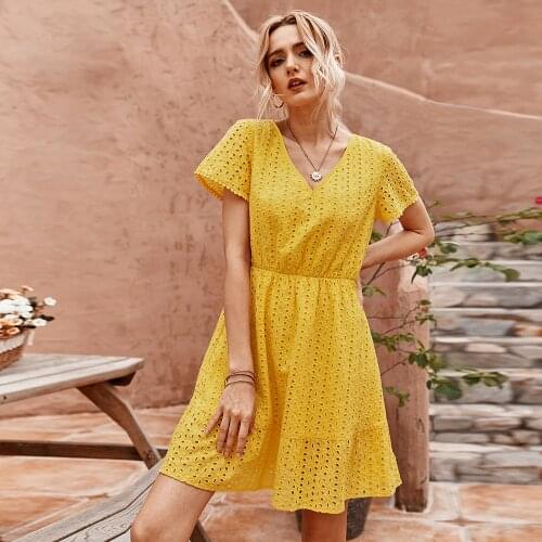 White Yellow Hollow Out Deep V Tassel Lace Summer Dress Women Vacation Beach Casual Party Short Sleeve Hole Mini A-Line Dresses