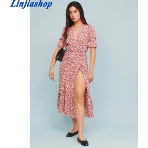 Summer Beach Maxi Dress Women Floral Print Boho Long Chiffon Dress Ruffles Wrap Casual V-Neck Split Sexy Party Loose Dress Robe