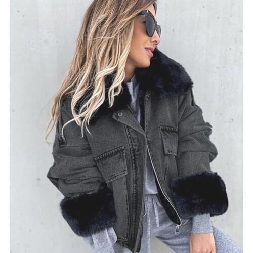 Winter Faux Fox Fur Collar Jackets Women Vogue Short Denim Coats Women Elegant Big Pockets Warm Jackets Female Ladies