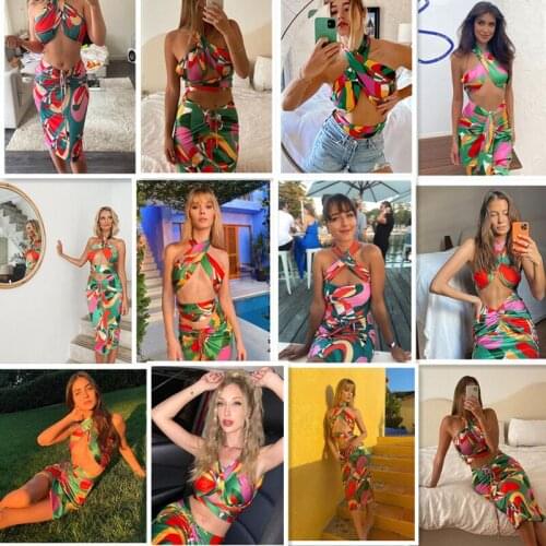 2021 Sexy Printed Sportswear Woman Two-piece Boho Suit Suspender Bandage Tank Vest Drawstring Midi Skirt Matching Suit