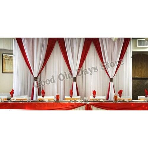 3M x 6M White Back Curtain with Burgundy Swags Wedding Backdrop Stage Decoration
