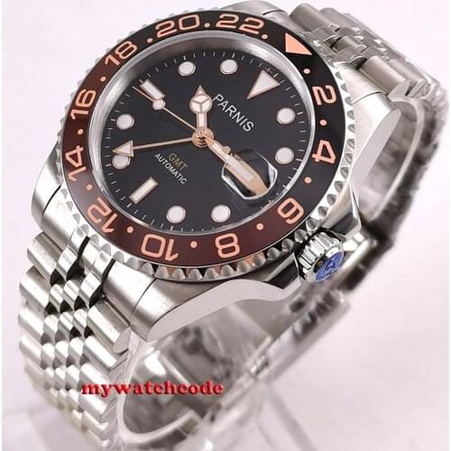 40mm PARNIS black dial black coffee ceramic bezel jubilee strap Sapphire glass GMT automatic mens watch
