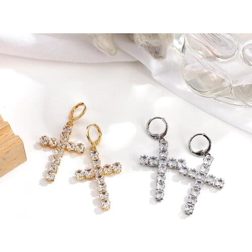 AENSOA Classic Zircon Cross Pendant Hoop Earrings for Women Fashion Shiny Crystal Statement Party Jewelry Gifts Costume Brincos