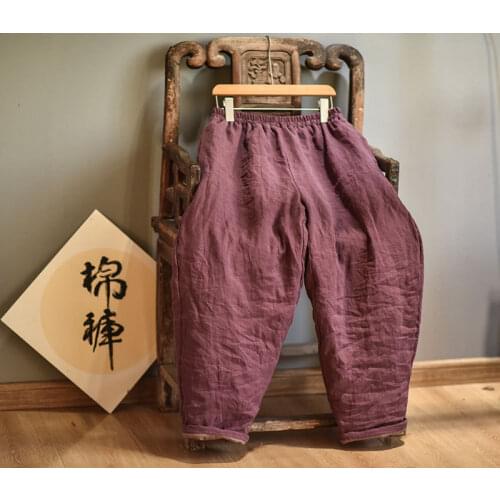 Women Loose Linen Elastic Waist Padded Pants Ladies Vintage Spliced Flax Trousers Female 2020 Pants