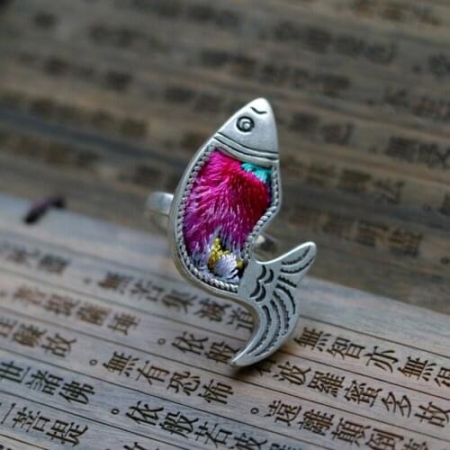 100% handmade Ethnic pure hand embroider Ornament features miao silver ring luck fish ancient female ring shipping free