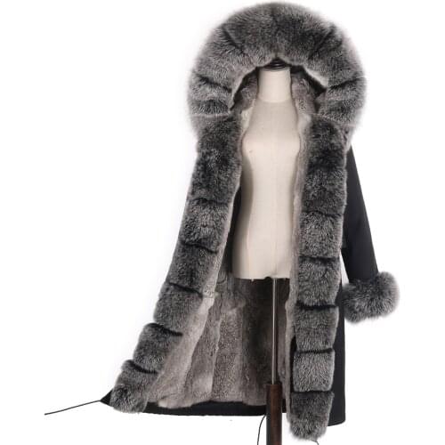 Women X-long Winter Coat Thick Warm Jacket Parka Outerwear Streetwear With Real Rabbit Fur Liner Big Fox Fur Collar Hooded Cloth