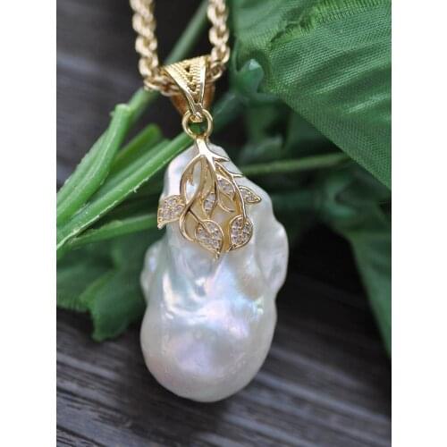 MCT·STAR Z10380 Big 39mm White Baroque Keshi Pearl Leaf gold-plating CZ Pendant