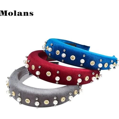 MOLANS Pearl Sponge Hair Hoop Velvet Rhinestone Hair Band Solid Color Headband Hair Accessories For Women Fashion 2020 New