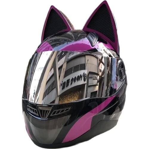 Full Face Motorcycle Helmet Washable Lining Fast Release Racing Helmet Casco Casque Purple Black Cats Ear Helmet
