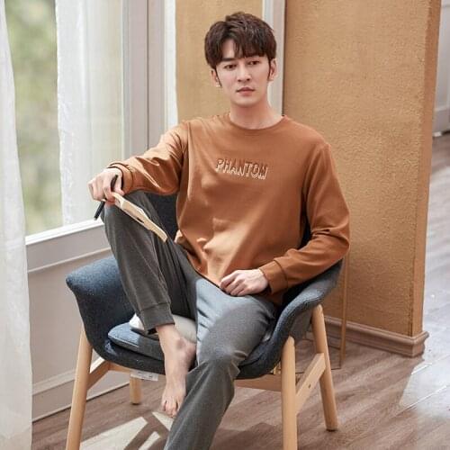 Letter Printing Homesuit Homeclothes Pajamas for Man Sleepwear Men Fashion Style Full Pure Cotton Long Pants Long Sleeve Pj Set