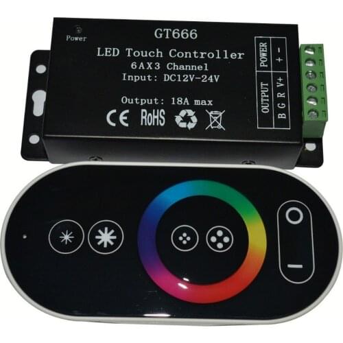 RGB LED controller with black RF touch remote;DC12-24V input;6A*3CH output