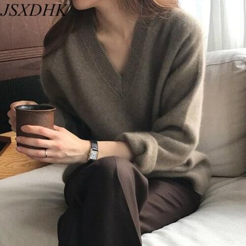 JSXDHK Women V Neck Sweater 2021 Chic New Autumn Winter Fashion Solid Color Knitted Long Sleeve Soft Lazy Loose Pullovers Tops