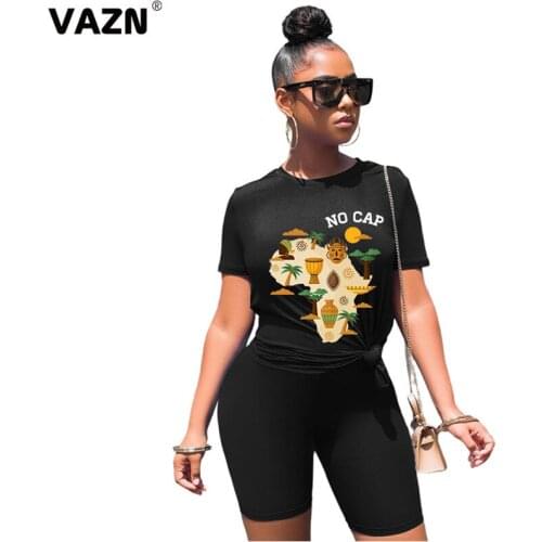 VAZN 2020 Summer Hot Classic Black Plus Size Daily Soft Casual Tracksuits Short Sleeve Group Knee Length Slim Women 2 Piece Set