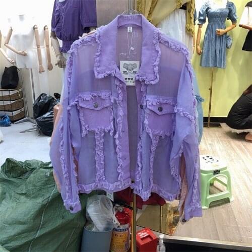 Vintage Fashion Stitched Gauze Jean Jacket Single Breasted Lapel Fringed Thin Sun-proof Clothing Sacos De Mujer De Vestir Abrigo