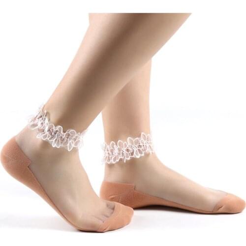 Womens Lace Lolita Socks Femme High Quality Thin Transparent Ankle Meias Student Short Tube Sandals Chaussettes 5 Pairs/Lot