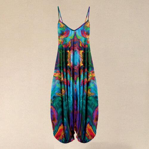 2021 Summer Turquoise Red Adjustable Suspender Jumpsuit Women Loose Sleeveless Vintage Overall Straps Long Jumpsuit Trousers