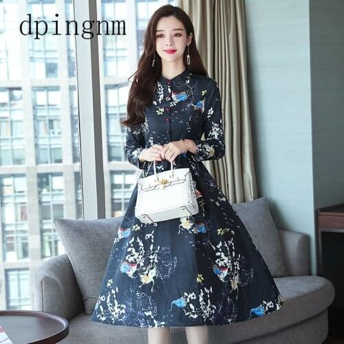 2018 New Spring Floral Slim Fit Chiffon Dress with Full Regular Sleeve Female Stand collar Mid-Calf Flower Prints Bohemian Dress