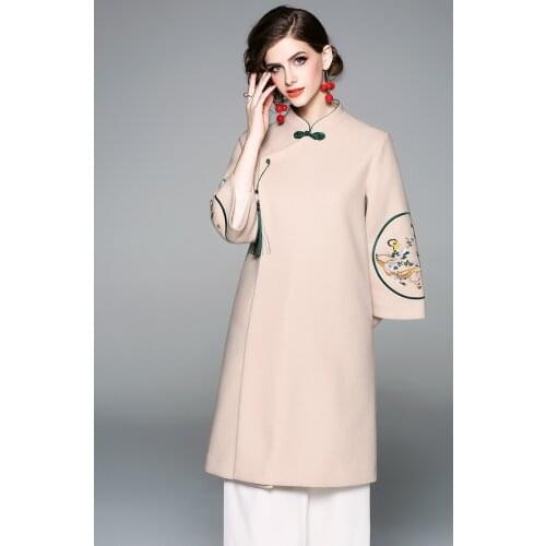 Winter original Chinese Han style Embroidered big size Improved loosen Mid-long woolen Cheongsam dresses for women girls