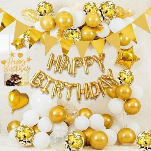 Gold birthday party decoration happy birthday banner balloon gold triangle logo bunting heart star confetti balloon cake top hat