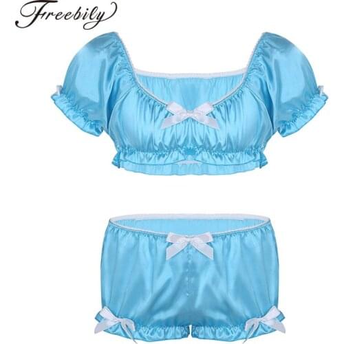 Fashion 2Pcs Mens Sissy Lingerie Set Soft Silky Short Sleeves Crop Top with Bloomers Boxer Underwear Set Sexy Gay Male Panties