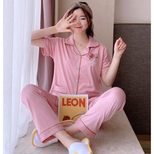 2021 Summer Plus Size Cotton Short Sleeve Long Pants Pajama Sets for Women Korean Sleepwear Pyjama Homewear Pijama Mujer Clothes
