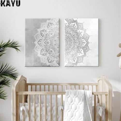 Bohemia Mandala Pattern Wall Art Print Beige Grey and White Canvas Painting Poster Picture Yoga Living Room Home Interior Decor