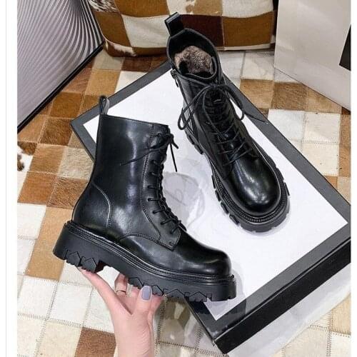 Ankle Boots Women Genuine Cow Leather Lace-Up Round Toe Lady Booties Autumn Winter Platform Sole Shoes Handmade