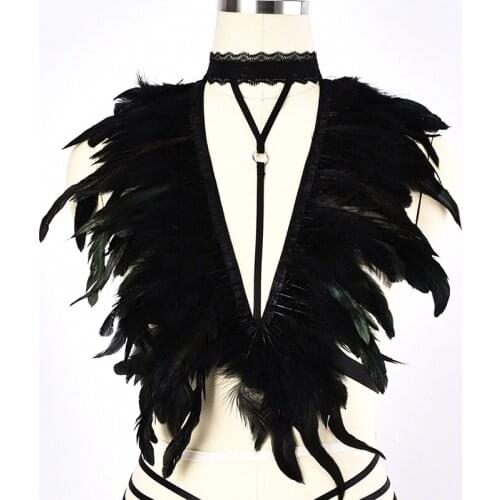 Punk Feather Harness Bra Black Sexy Lingerie Women Goth Lace Collar Body Harness Belt Cage Bra Festival Feather Bondage Lingerie