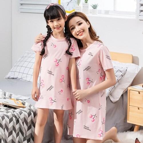 Childrens Nightdress Girls Cotton Nightgowns Baby Mother Kids Cotton Pajamas Girls Parent-child Dress Kids Girls Cute Sleepwear