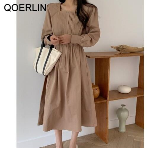 QOERLIN Minimalist Korean Retro Temperament Square Collar Long Sleeve Pleated Lace-Up High Waist Dress Office Elegant Maxi Dress