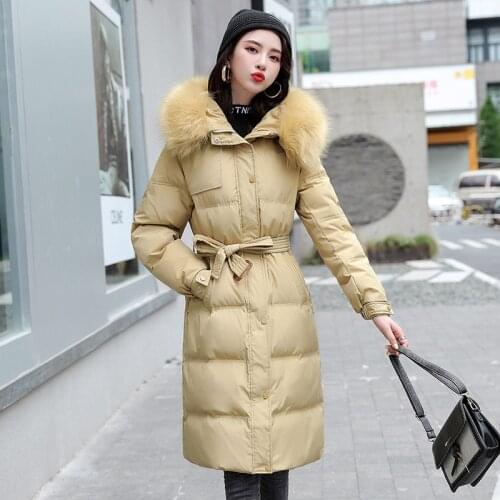 Cotton Coat Women 2021 Autumn Winter Korean Version Parka With Belt Hooded Fur Collar Loose Long Down Padded Jacket Female JD443