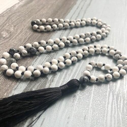 Howlite And Snowflake Obsidian 108 Mala Beaded Necklace Hand Knotted Tassel Necklace Stress Relief Jewelry