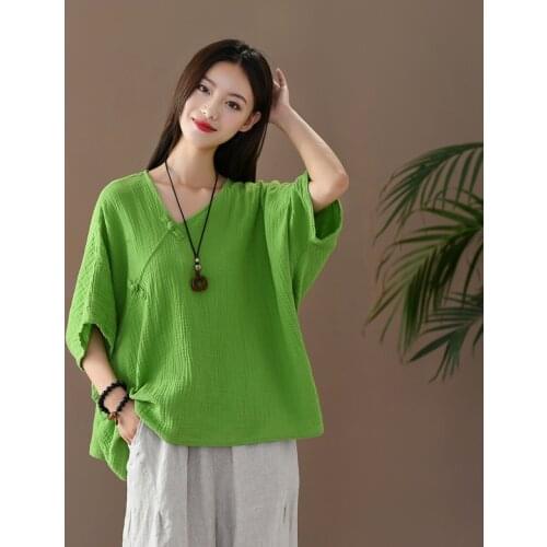 Johnature 2020 Summer New Retro Plate Buckle V-neck Short Sleeve Cotton Linen T-shirt Loose Comfortable Plus Size Women Tops