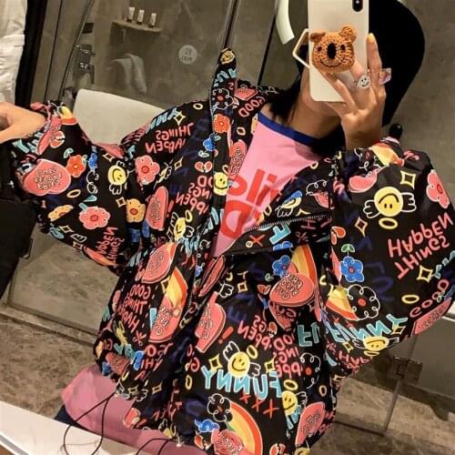 New Womens Puffy Jacket Graffiti Loose Bubble Jacket Thick Warm Hooded White Duck Down Bread Jacket Women Winter Jacket Women