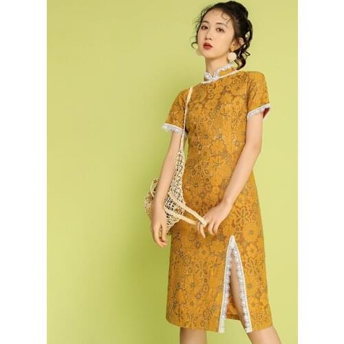 Summer New Modified Cheongsam Girl Young New Retro Slim Split Lace Dress Long