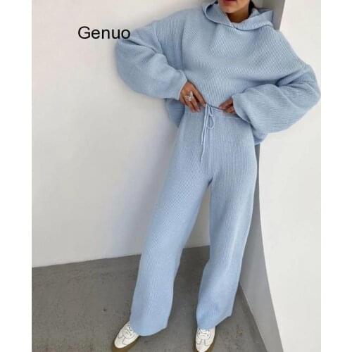 Solid Knitted Women Hooded 2 Piece Set Loose Long Sleeve Sweatshirt Wide-Legged Elastic Waist Pants Lady Sets 2021 New Elegant