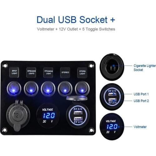 5 Gang Rocker Switch Panel 12-24V 4.2A Dual USB Charger 12V Outlet Digital Voltmeter Toggle Switch Panel for Boat Camper RV
